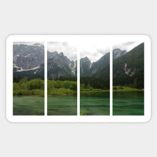 A static shot from the shore of Fusine lake in the Julian Alps with snowy mountains in background. Beautiful nature in a spring cloudy day; no people around Sticker